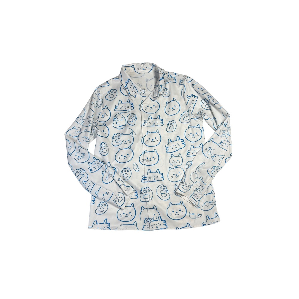Kawaii Kidcore White Blue Cartoon Cat Doodle Line Art Button Up Blouse